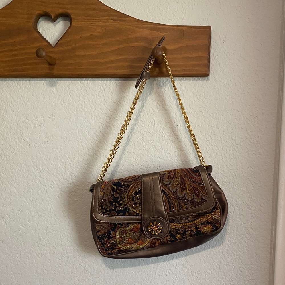 Spiegel Brown Paisley Shoulder Bag with Gold Chain